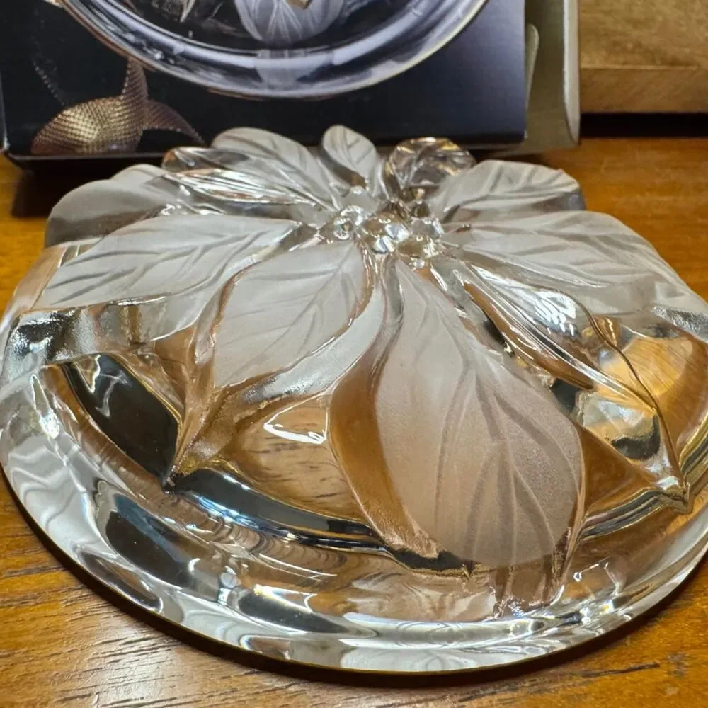NEW Lead Crystal Poinsetta Candy Dish with Gold Trim New in Original Box